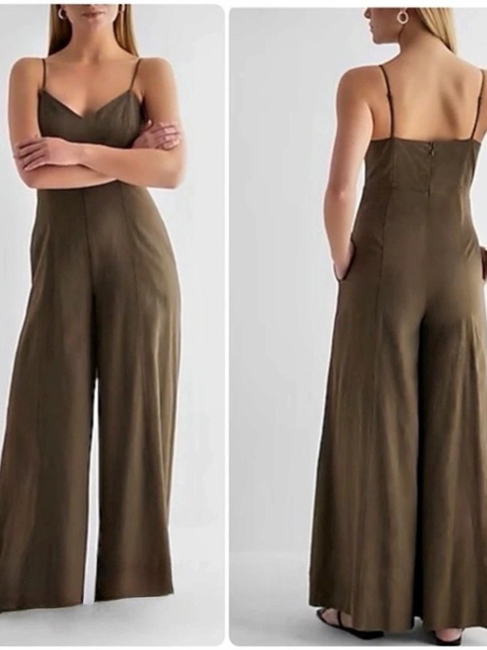 Express Linen Wide Leg Jumpsuit in Olive Green